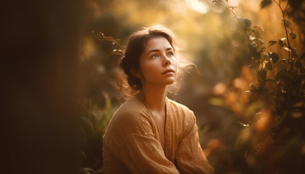 Giovane donna sorridente nella bellezza della foresta autunnale generata dall'intelligenza artificiale