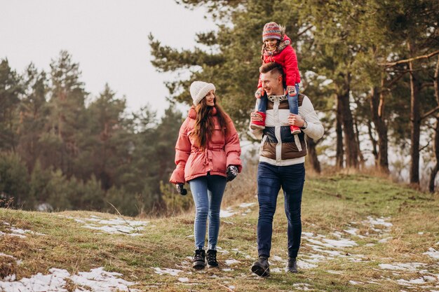 Giovane famiglia che cammina insieme nella foresta all'orario invernale