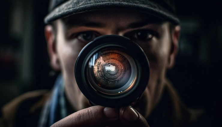 Foto gratuito giovane fotografo adulto che tiene la messa a fuoco della fotocamera slr generata dall'intelligenza artificiale