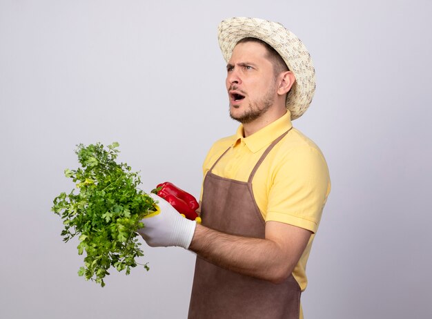 Giovane giardiniere uomo che indossa tuta e cappello in guanti da lavoro in possesso di peperoni rossi con erbe fresche che sembrano confusi
