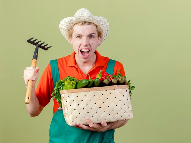 Giovane giardiniere uomo che indossa tuta e cappello tenendo cassa piena di verdure e mini rastrello guardando la telecamera gridando con espressione aggressiva in piedi su sfondo chiaro