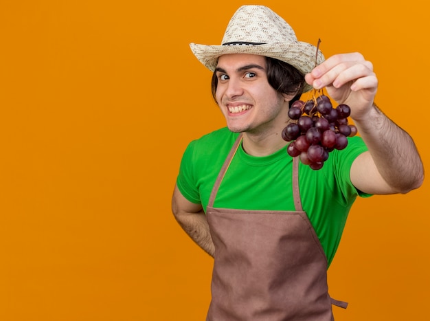 Giovane giardiniere uomo in grembiule e cappello che mostra grappolo d'uva guardando sorridente con la faccia felice in piedi sopra la parete arancione