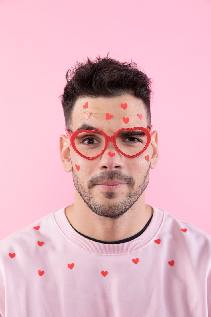 Foto gratuito giovane in occhiali con cuori di carta sul viso