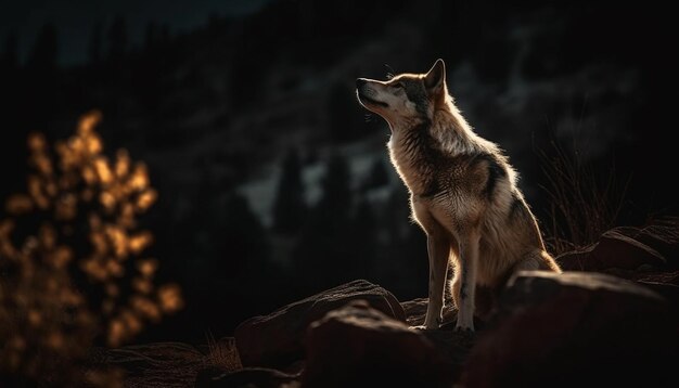 Giovane lupo seduto nella notte della foresta invernale generata dall'intelligenza artificiale