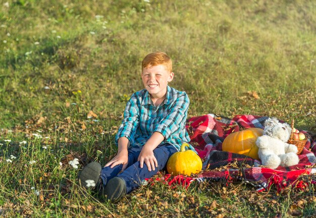 Giovane ragazzo di smiley che si siede su una coperta di picnic