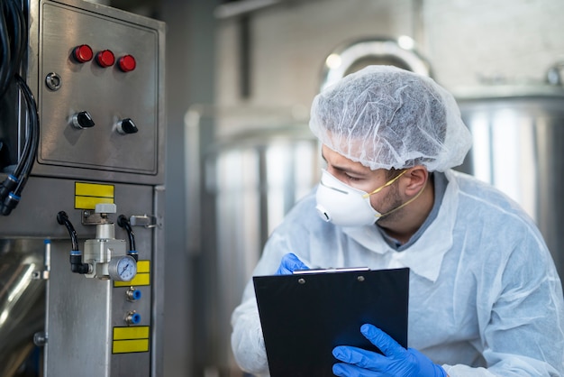 Giovane tecnologo in uniforme protettiva bianca che controlla la macchina industriale presso l'impianto di produzione