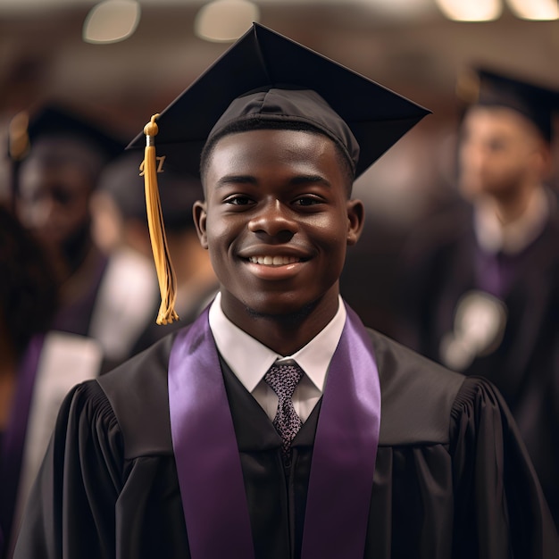 Giovane uomo afroamericano in abito da laurea e berretto che guarda la telecamera