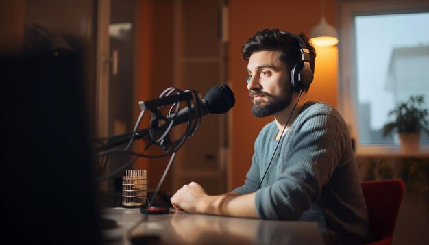 Giovane uomo d'affari adulto in studio di registrazione illuminato generato da AI