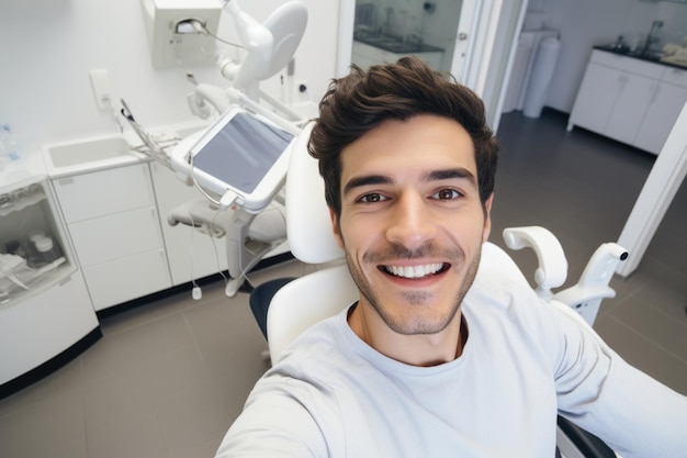 giovane uomo felice e sorpreso espressione in una clinica dentistica