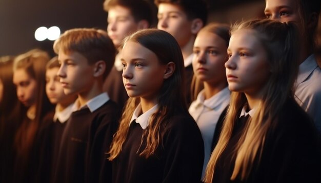 Giovani adulti in uniforme scolastica che studiano al chiuso generati dall'intelligenza artificiale