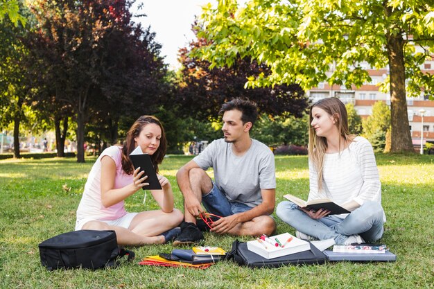 Giovani che studiano insieme nel parco