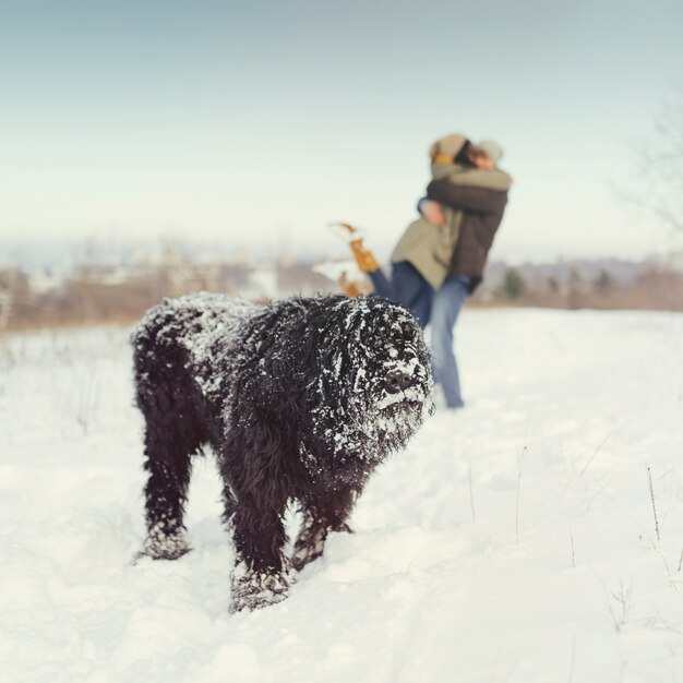 Giovani coppie che camminano con un cane in un giorno di inverno