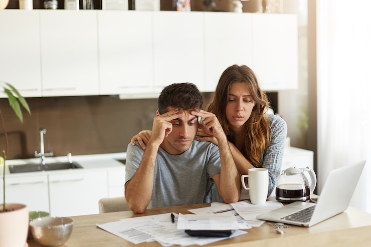 Foto gratuito giovani coppie che controllano il loro bilancio familiare