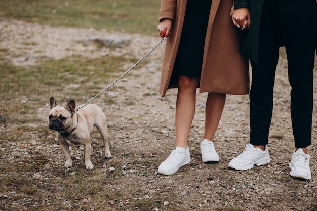 Giovani coppie con il loro bulldog francese in parco