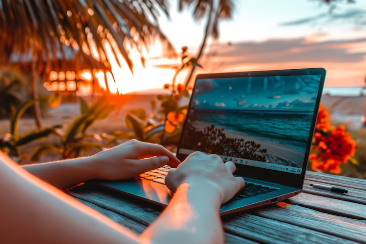Foto gratuito giovani diversi che sono nomadi digitali e lavorano a distanza da luoghi da sogno