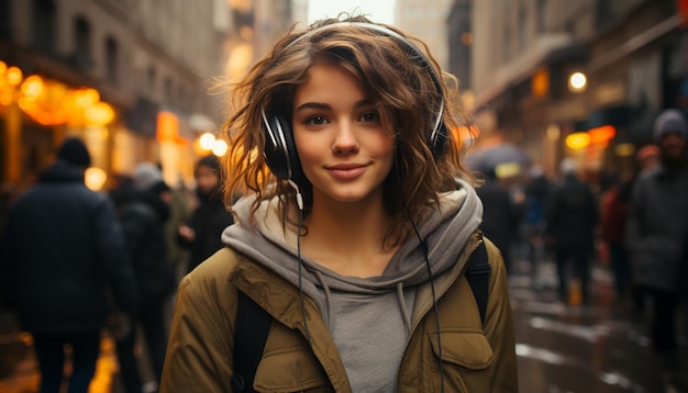 Giovani donne che camminano in città sorridendo e indossando giacche calde generate dall'intelligenza artificiale