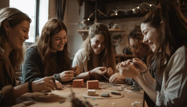 Giovani donne che sorridono mentre si godono un laboratorio artigianale generato dall'intelligenza artificiale