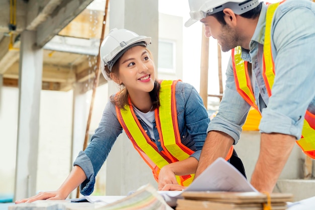 Giovani ingegneri asiatici e colleghi ingegneri caucasici presso l'ispettore del sito e discutono insieme utilizzando un computer portatile e un progetto di carta al concetto di idee di rinnovamento della casa del cantiere edile