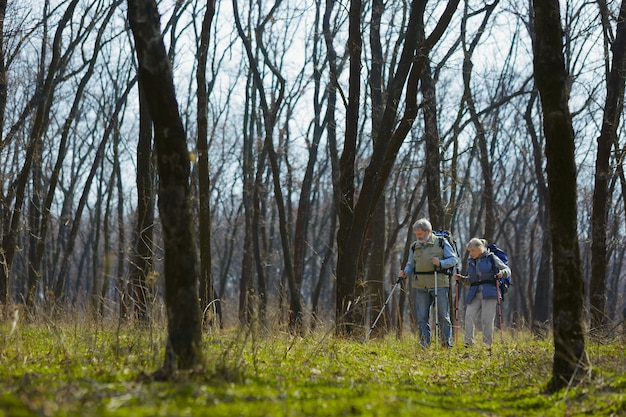 Giovani nel cuore. Coppia di famiglia invecchiato dell'uomo e della donna in abito turistico che cammina al prato verde vicino agli alberi in una giornata di sole. Concetto di turismo, stile di vita sano, relax e solidarietà.