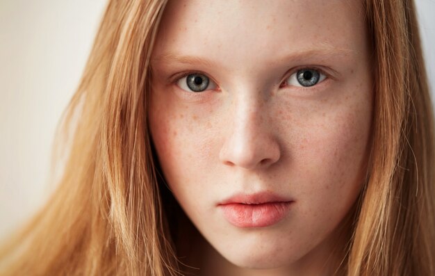 Giovani occhi ragazza bella rossa lentiggini donna faccia closeup ritratto con pelle sana