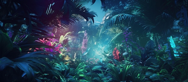 Giungla tropicale oscura in illuminazione al neon Palme e piante esotiche in stile retro