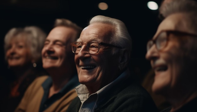 Gli anziani sorridenti si godono insieme attività ricreative all'aperto generate dall'intelligenza artificiale