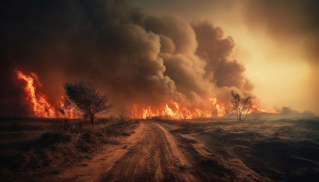 Gli incendi boschivi in fiamme distruggono l'ambiente naturale all'aperto generato dall'intelligenza artificiale