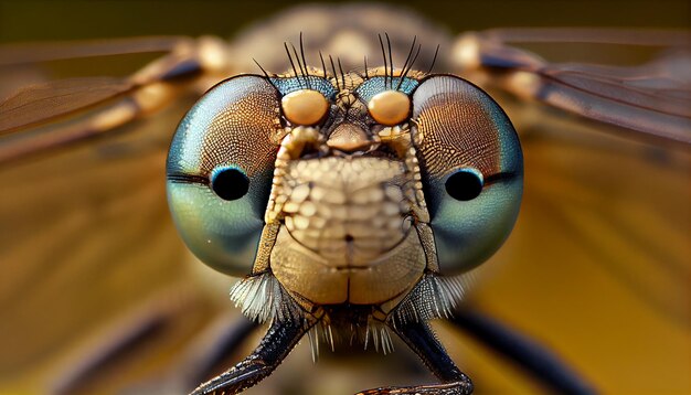 Gli occhi di una libellula sono aperti e gli occhi sono blu.