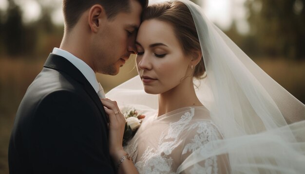 Gli sposi abbracciano l'amore all'aperto e la felicità abbonda generata dall'IA