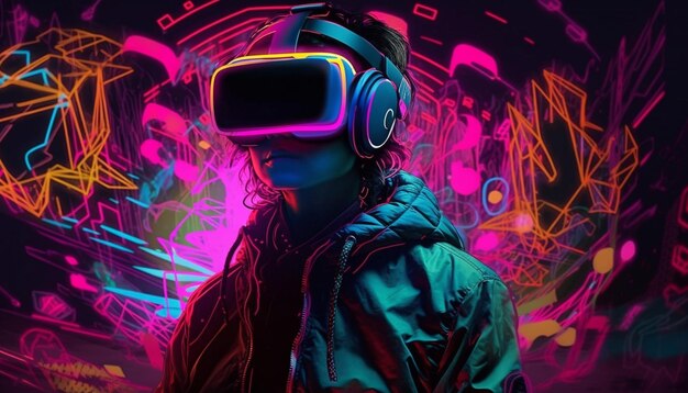 Gli uomini cyborg futuristici giocano a un gioco di nightclub di realtà virtuale generato dall'intelligenza artificiale