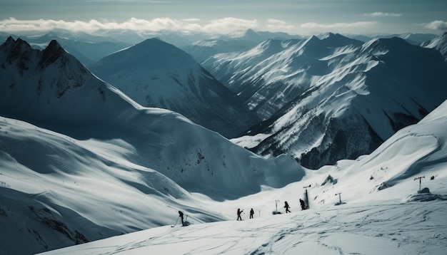 Gli uomini sciano in alto sulla cima di una montagna ghiacciata generata dall'intelligenza artificiale