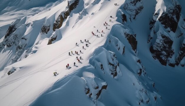 Gli uomini sciano lungo il pendio della montagna in inverno generato dall'intelligenza artificiale