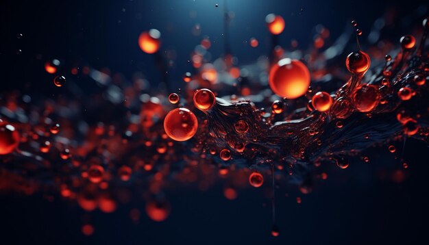 gocce d'acqua cinematografiche in 3D con fuoco rosso e colore navy