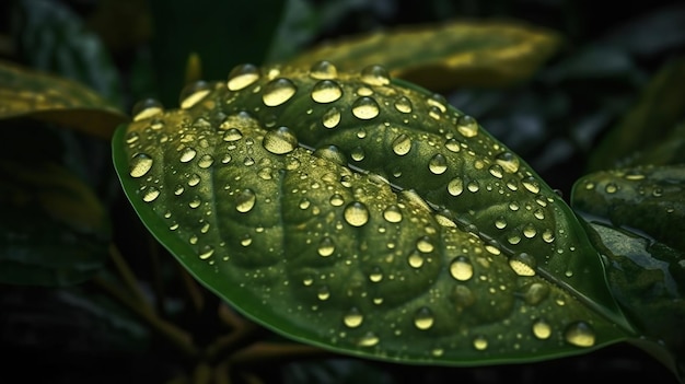 Gocce d'acqua su una foglia verde Immagine generata Ai