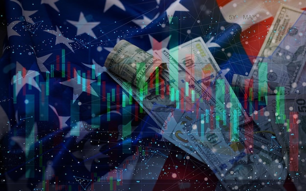 Grafico del mercato azionario sullo sfondo della bandiera americana.