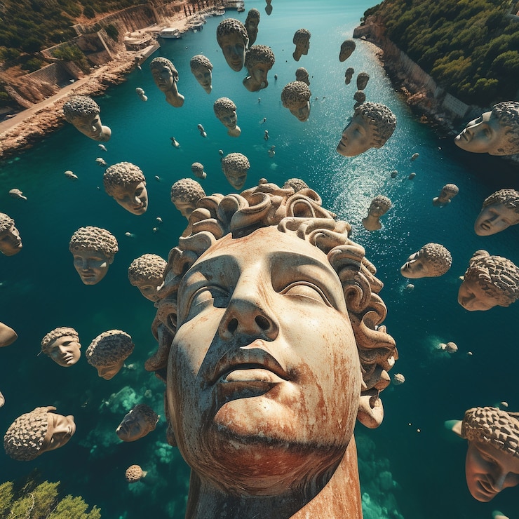 Foto gratuito grande busto greco sopra l'acqua