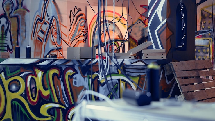 Foto gratuito graphic grunge graffiti art sulle pareti di un edificio abbandonato