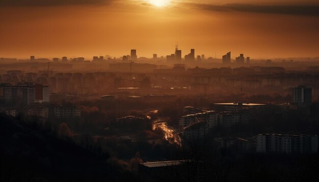 Grattacieli luminosi contro il panorama della silhouette del tramonto del paesaggio urbano generato dall'intelligenza artificiale