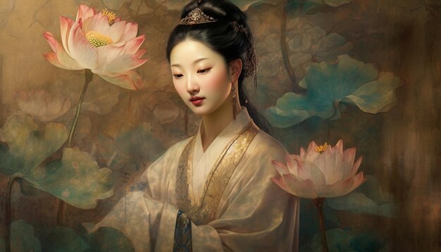 Graziosa giovane donna adornata con fiore di loto generato dall'intelligenza artificiale