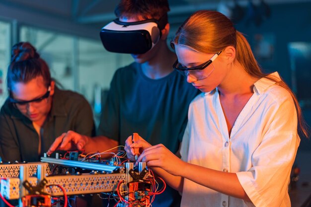 Gruppo di adolescenti che fanno esperimenti di robotica in un laboratorio Ragazzi e ragazze in protezione e VR