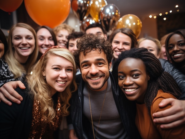 Gruppo di amici che festeggiano il capodanno con palloncini