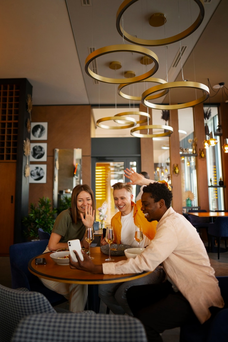 Foto gratuito gruppo di amici che pranzano insieme al ristorante