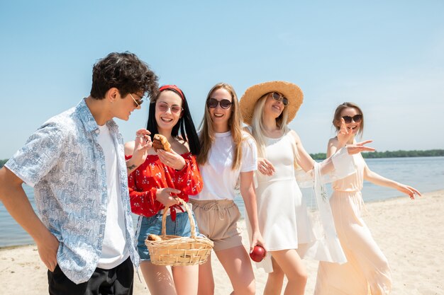 Gruppo di amici divertendosi sulla spiaggia nel giorno di estate soleggiato