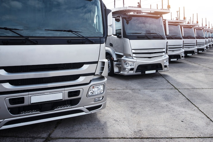 Foto gratuito gruppo di camion parcheggiati in fila