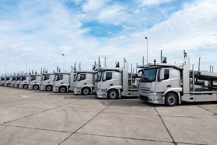 Foto gratuito gruppo di camion parcheggiati in linea alla fermata del camion