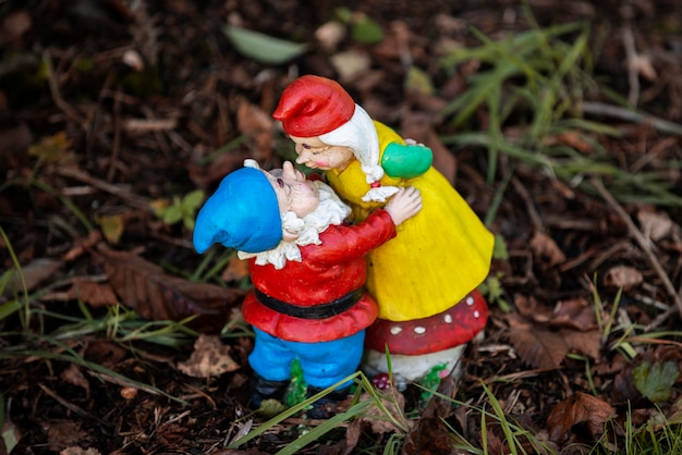 Gruppo di diversi gnomi da giardino divertenti