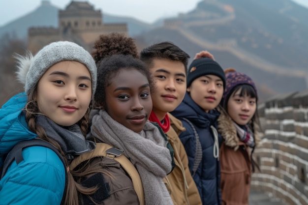 Gruppo di giovani amici che visitano la Grande Muraglia Cinese