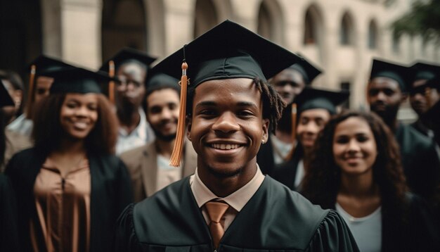 Gruppo multietnico di laureati sorridenti con successo generato dall'intelligenza artificiale