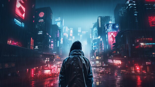 Guerriero cyberpunk che guarda sopra la città