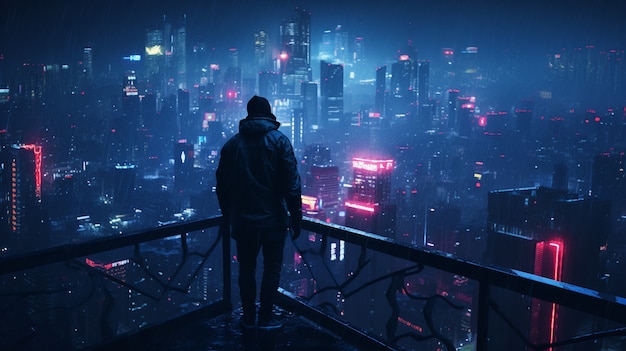 Guerriero cyberpunk che guarda sopra la città